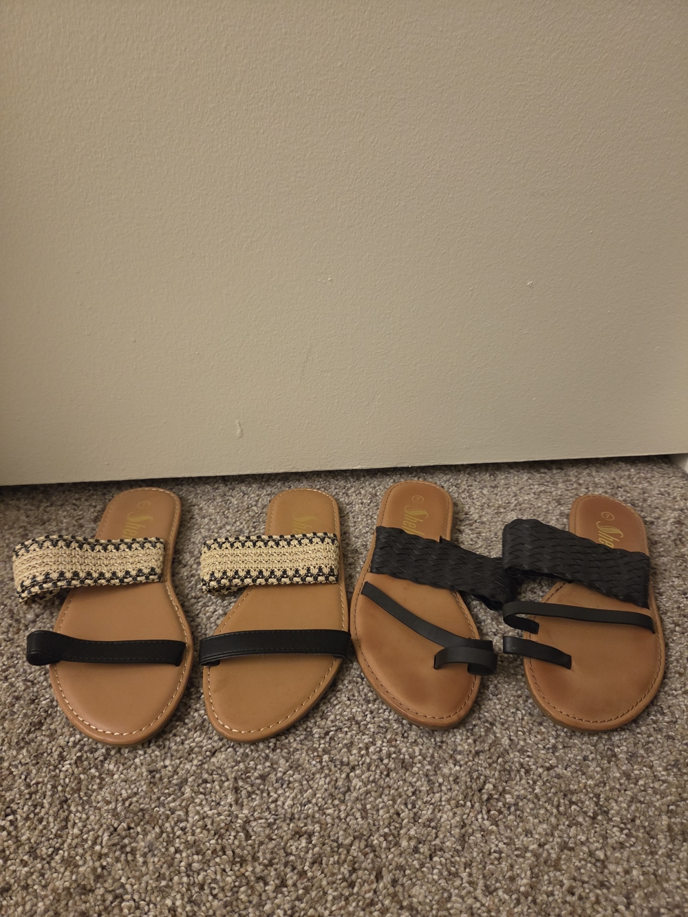 SHEIN Tan Slide Sandals with Black and Natural Woven Straps - Women